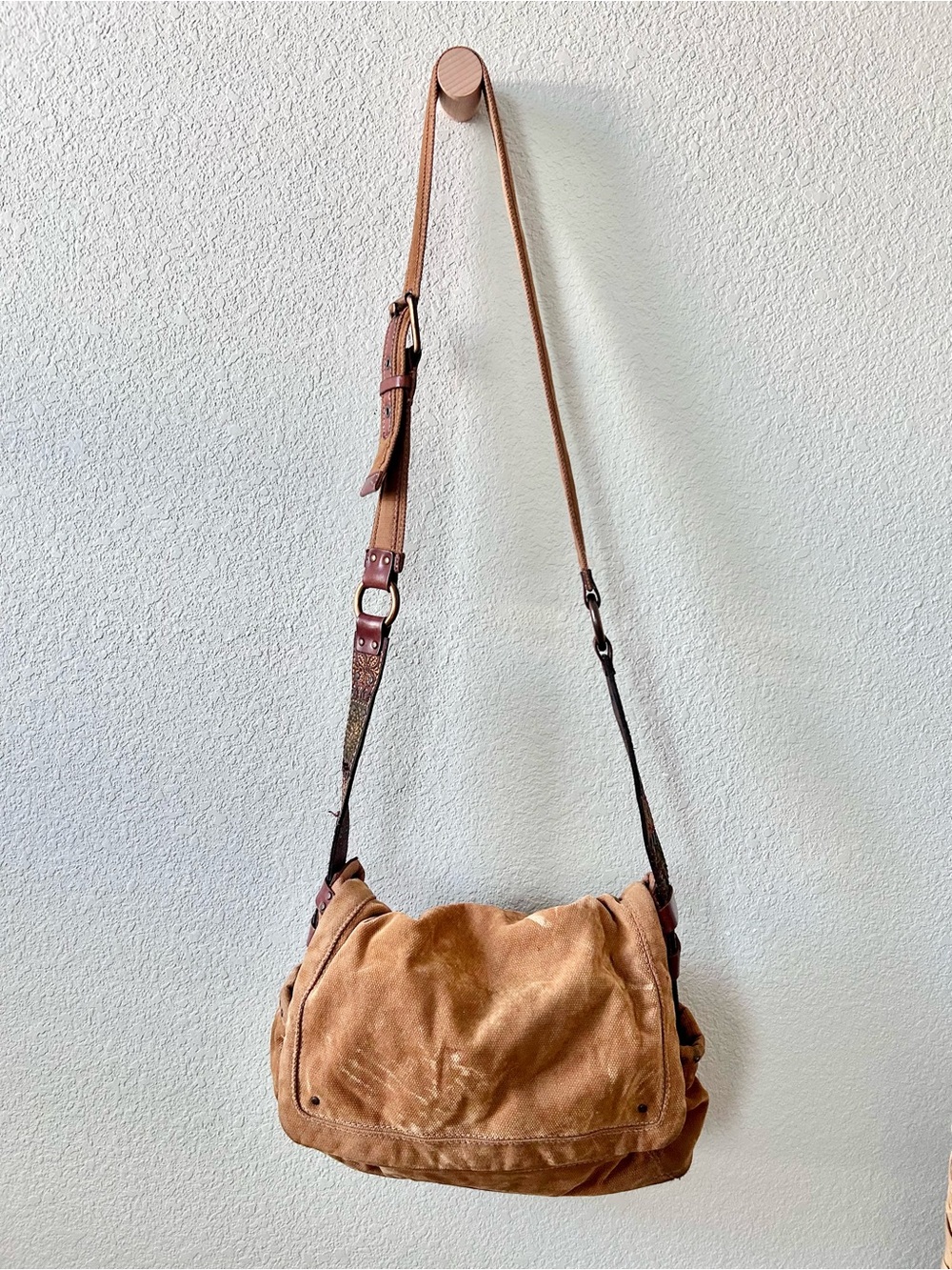 Fossil Brown Canvas Crossbody Bag with Embellished Strap Leather Details Studs